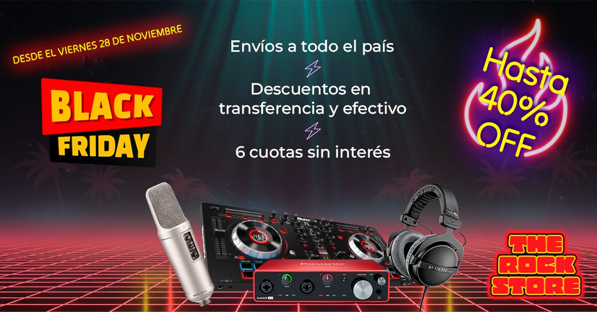 Banner del Black Friday 2025 de The Rock Store con hasta 40% off en Audio Profesional, Instrumentos y Equipos para DJ del 3 al 9 de Noviembre