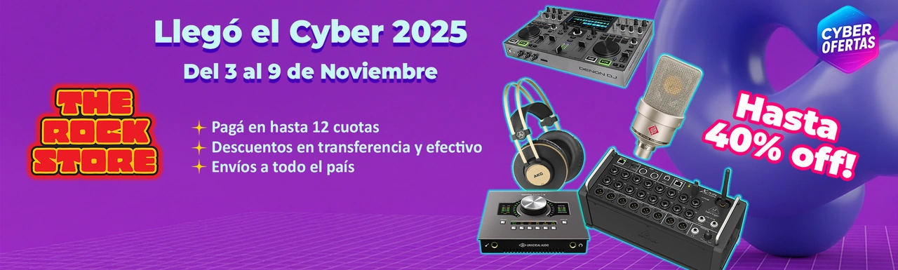 Banner del Cyber 2025 de The Rock Store con hasta 40% off en Audio Profesional, Instrumentos y Equipos para DJ del 3 al 9 de Noviembre