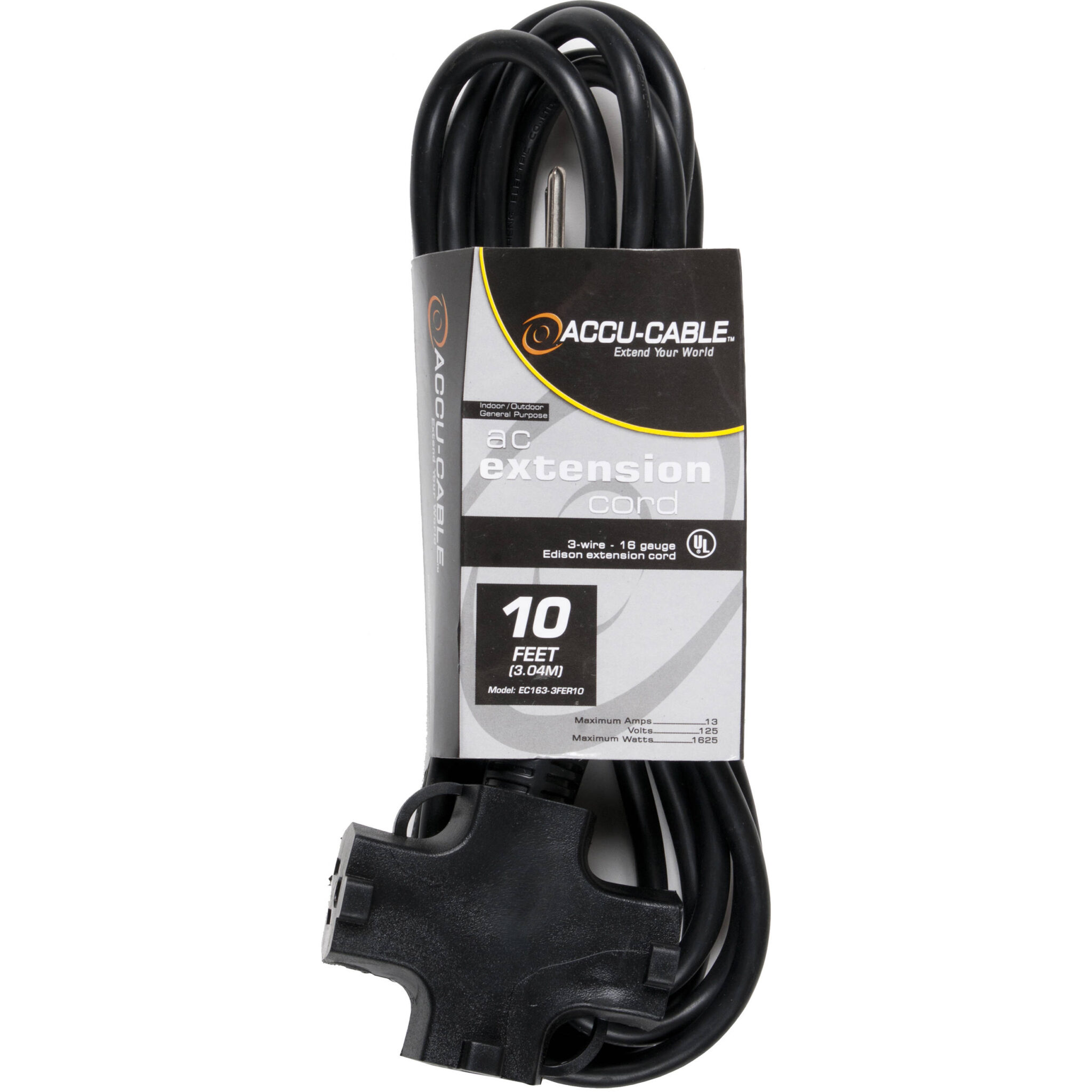 009ef4c754db22a180c1c92decd75f05.jpg American DJ Accu-Cable AC Extension Cord with Three Outlets (16 AWG, Black, 10') - Imagen 1