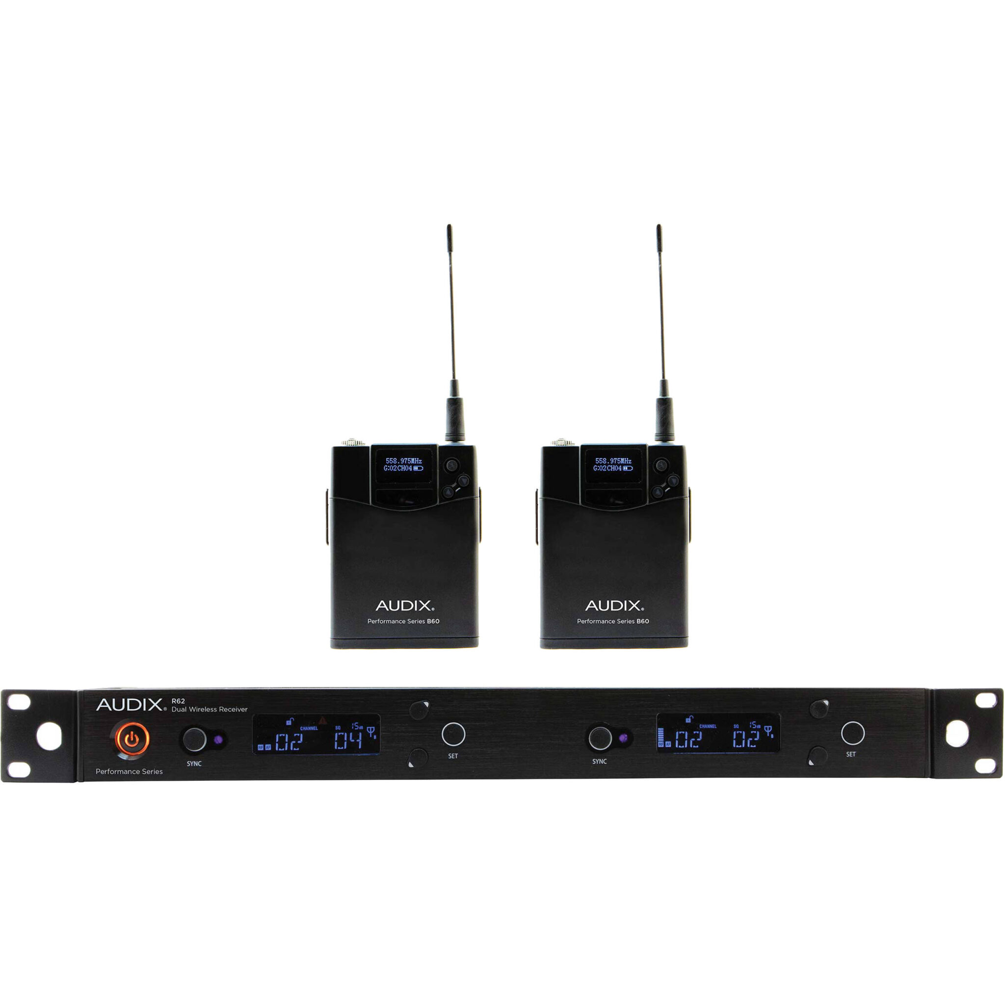 04a223e0595a4ddc9f9d01619b7f0ed3.jpg Audix AP62 BP R62 Receptor True Diversity de doble canal con dos transmisores Bodypack B60 (522 a 586 MHz) - Imagen 1
