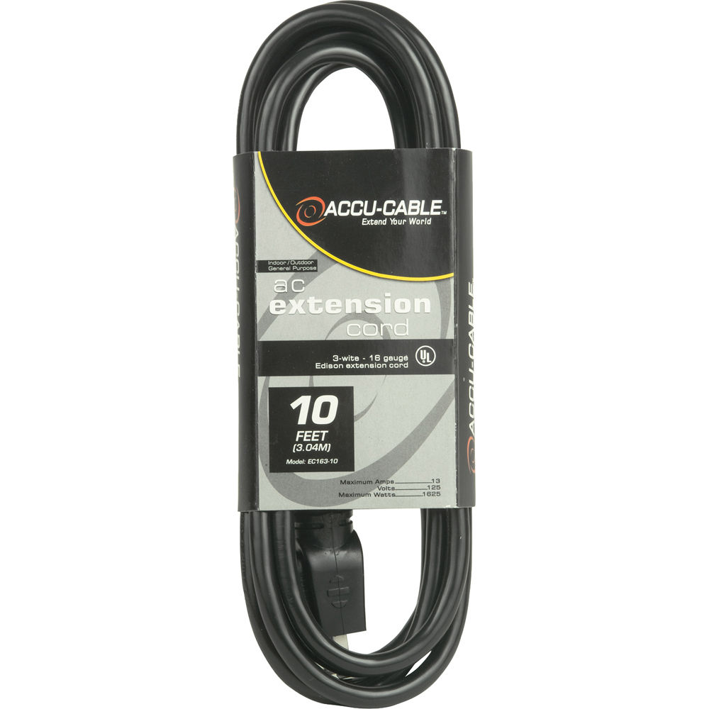 0ca1da5eee7ec33ace4f8c6b1b902dfa.jpg American DJ Accu-Cable 3-Wire Edison AC Extension Cord (16 AWG, Black, 10') - Imagen 1