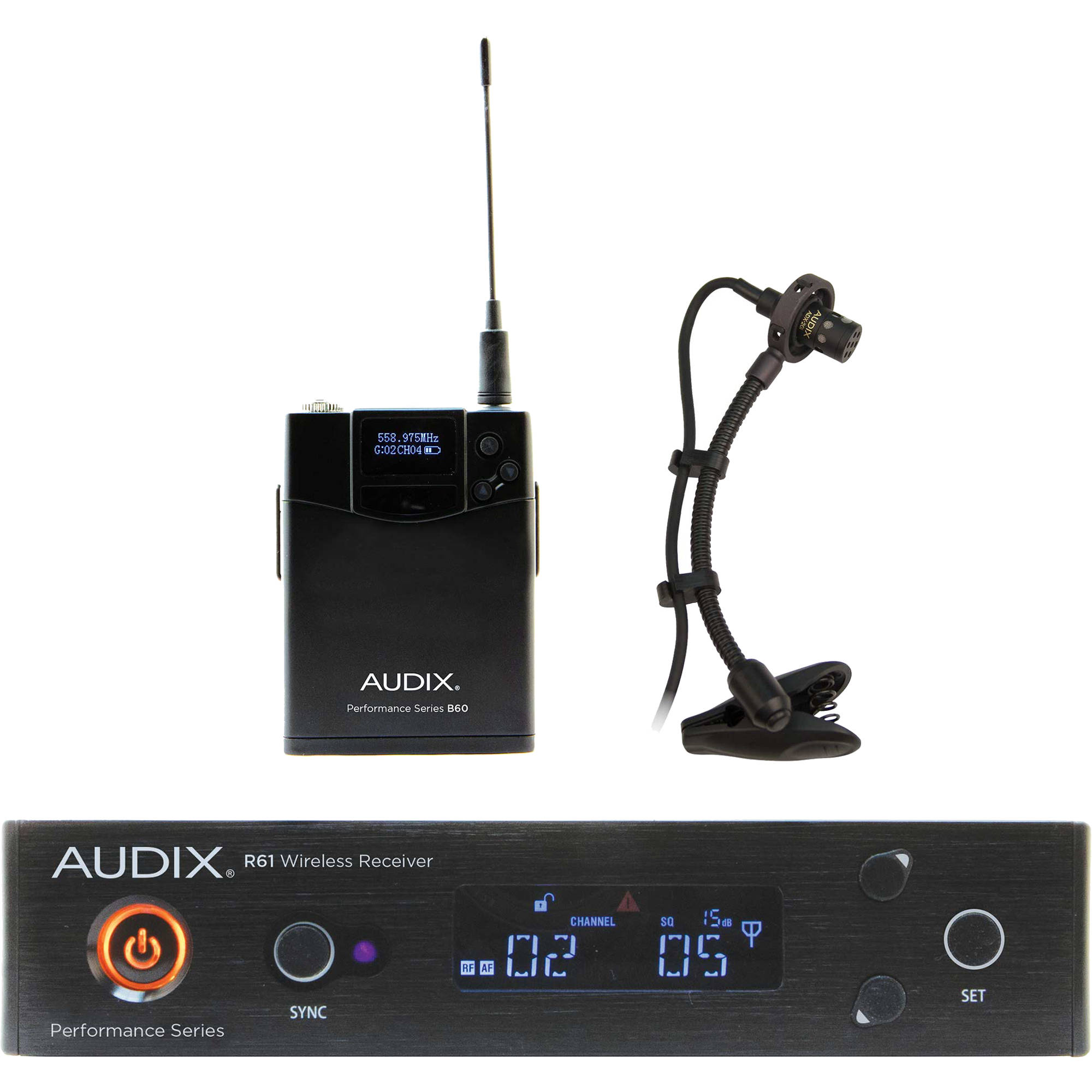 14e6f3cac49e7aa384ab188f48475cc5.jpg Audix AP61 SAX R61 Receptor True Diversity de un solo canal con transmisor Bodypack Micrófono de instrumento con clip ADX20i (522 a 586 MHz) - Imagen 1