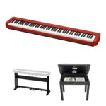 Casio CDP-S160 Kit de piano digital portátil de cuerpo delgado de 88 teclas con soporte de madera de 3 pedales y banco (rojo)