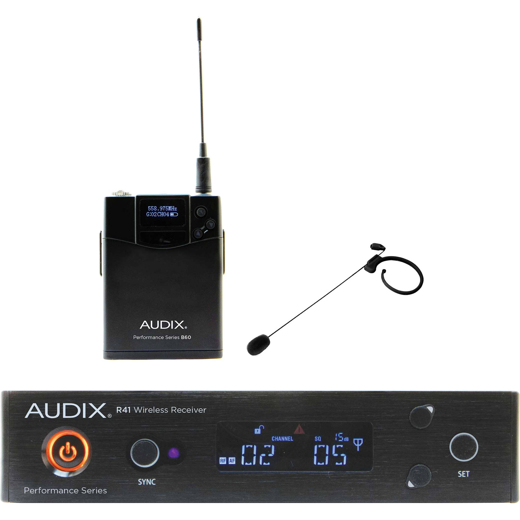 2159ffa3a503147903cba77805a5f8fe.jpg Audix AP41 Performance Series Sistema inalámbrico Bodypack de un solo canal con micrófono condensador de un solo oído HT7 (negro, 554 a 586 MHz) - Imagen 1