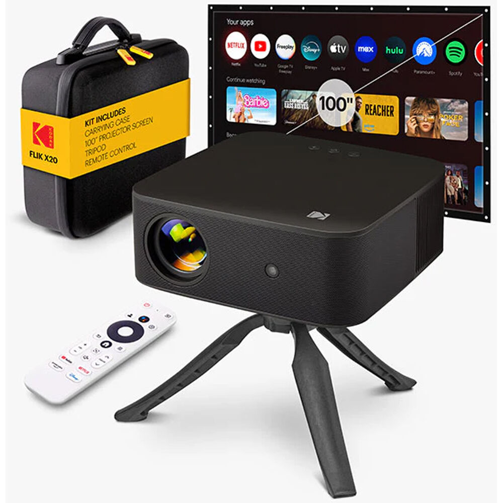314c3cf014fe582fc84d1b6f42b244fd.jpg Kodak Flik X20 Kit de proyector doméstico inteligente LCD LED Full HD de 300 lúmenes con control remoto, estuche, soporte y pantalla de 100" (negro) - Imagen 1