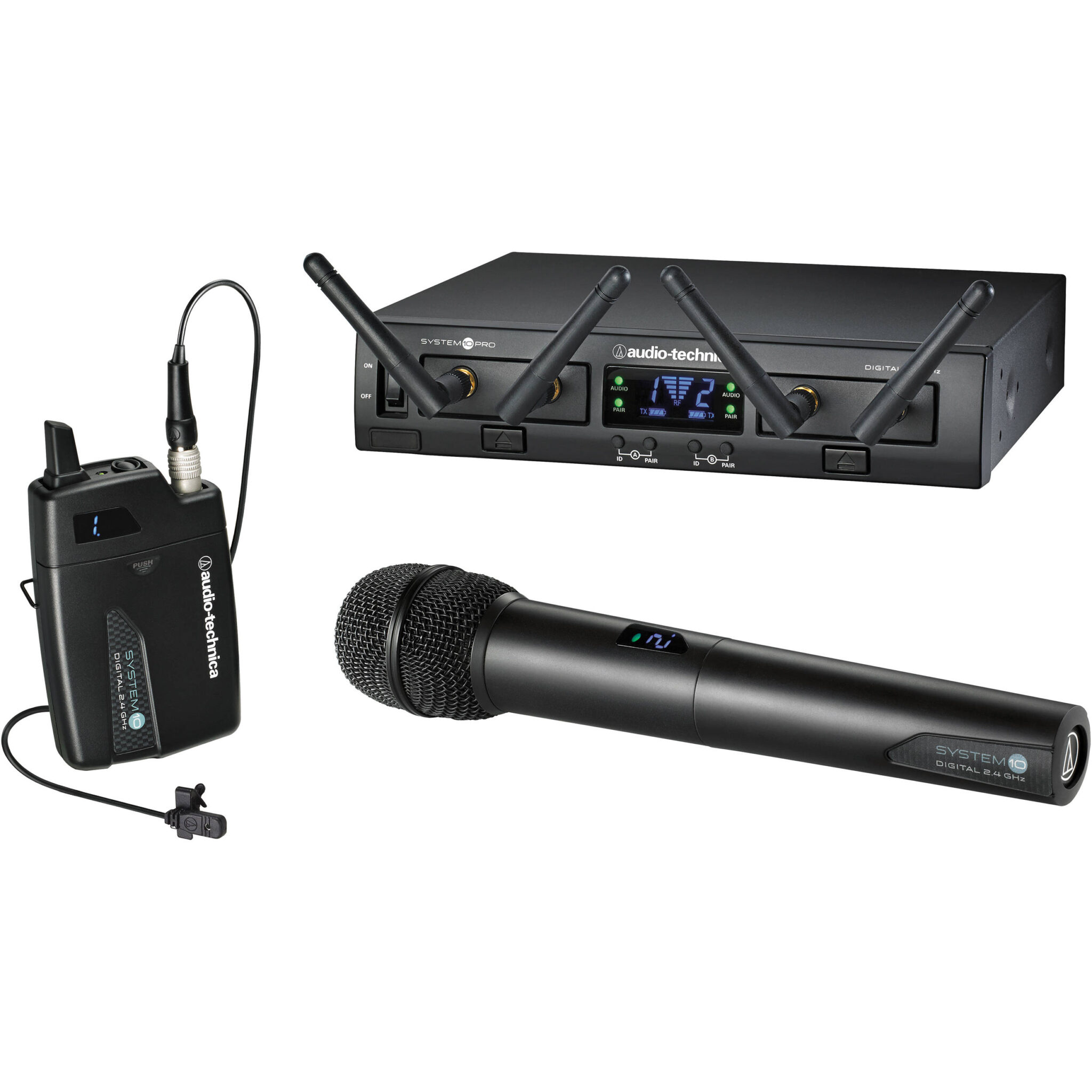 3469b7cb376853b0ddcd9ab80e699540.jpg Audio-Technica ATW-1312/L System 10 PRO Sistema combinado inalámbrico digital de doble canal Lavalier y micrófono de mano (2,4 GHz) - Imagen 1