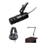 Audio-Technica AT2040USB Kit de micrófono USB dinámico para podcast con auriculares y brazo de transmisión
