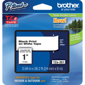 Cinta laminada Brother TZe251 para etiquetadoras P-Touch (negro sobre blanco, 1" x 26,2')