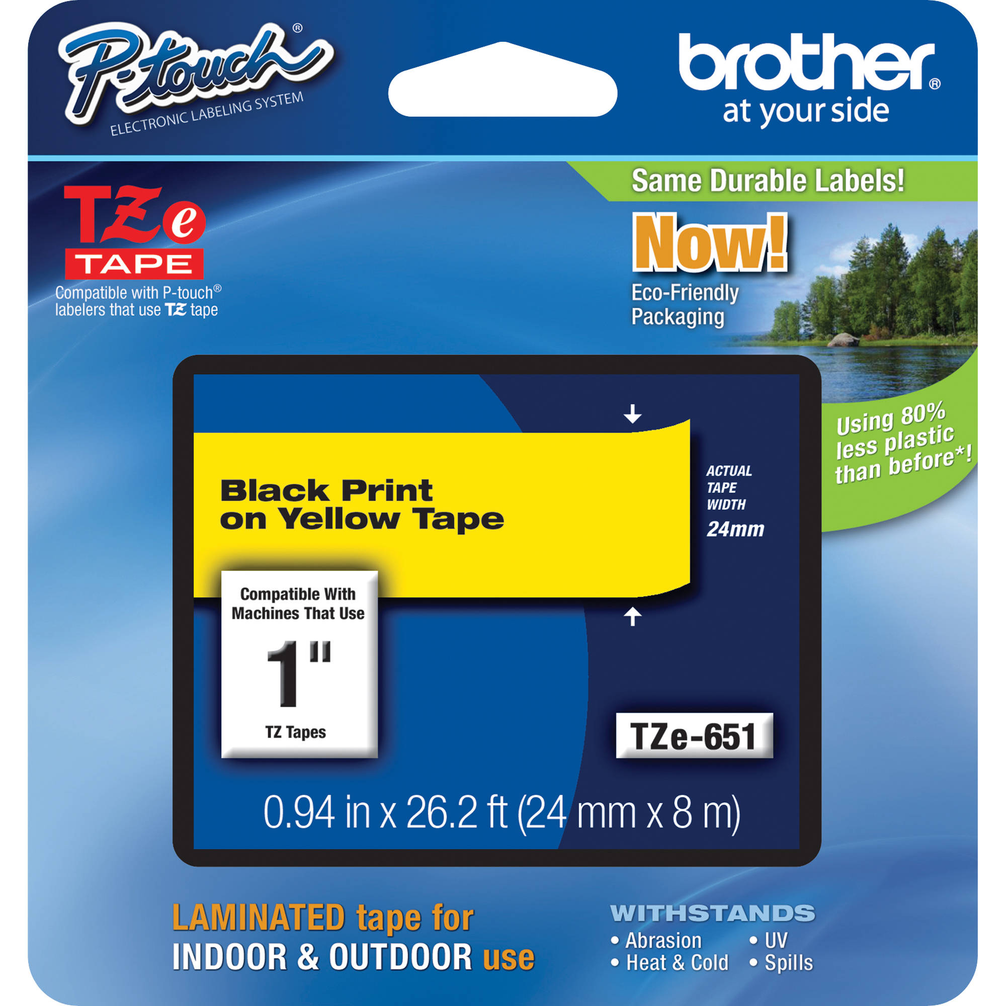 51304b63f193481d17b3bd416d082597.jpg Cinta laminada Brother TZe651 para etiquetadoras P-Touch (negro sobre amarillo, 1" x 26,2') - Imagen 1