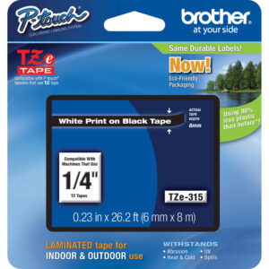 Cinta laminada Brother TZe315 para etiquetadoras P-Touch (blanco sobre negro, 0,25" x 26,2')