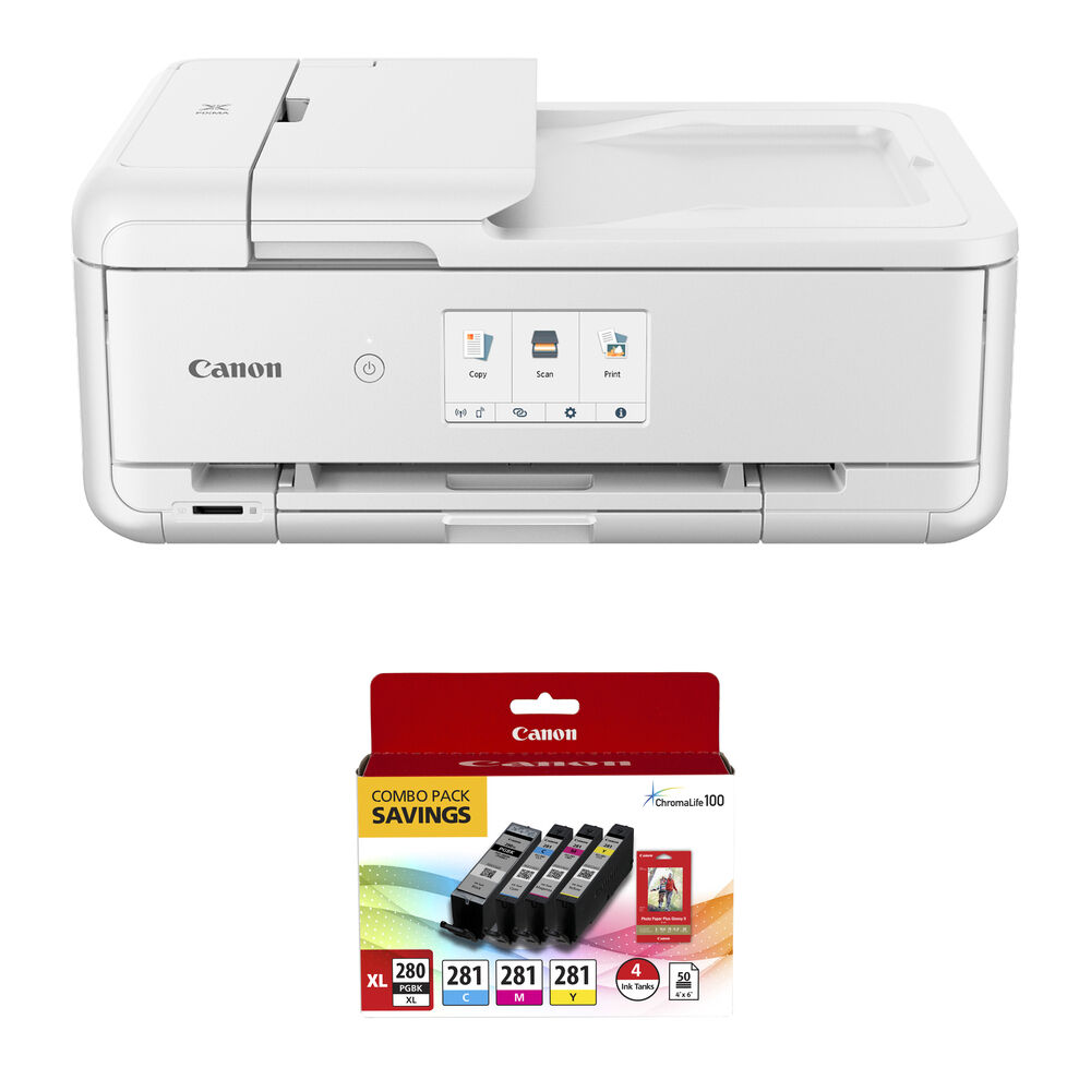 6216b74c814cdfc42a33fd83b4af596c.jpg Canon Pixma TS9521Ca Wireless All-in-One Inkjet Printer (White) with PGI-280 XL / CLI-281 4-Color Ink Tank Combo Pack and 4 x 6" Photo Paper Kit - Imagen 1