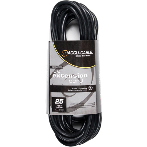 674f29e0b577da8bf5de7ac0cbae39a2.jpg American DJ Accu-Cable 3-Wire Edison AC Extension Cord (16 AWG, Black, 25') - Imagen 1
