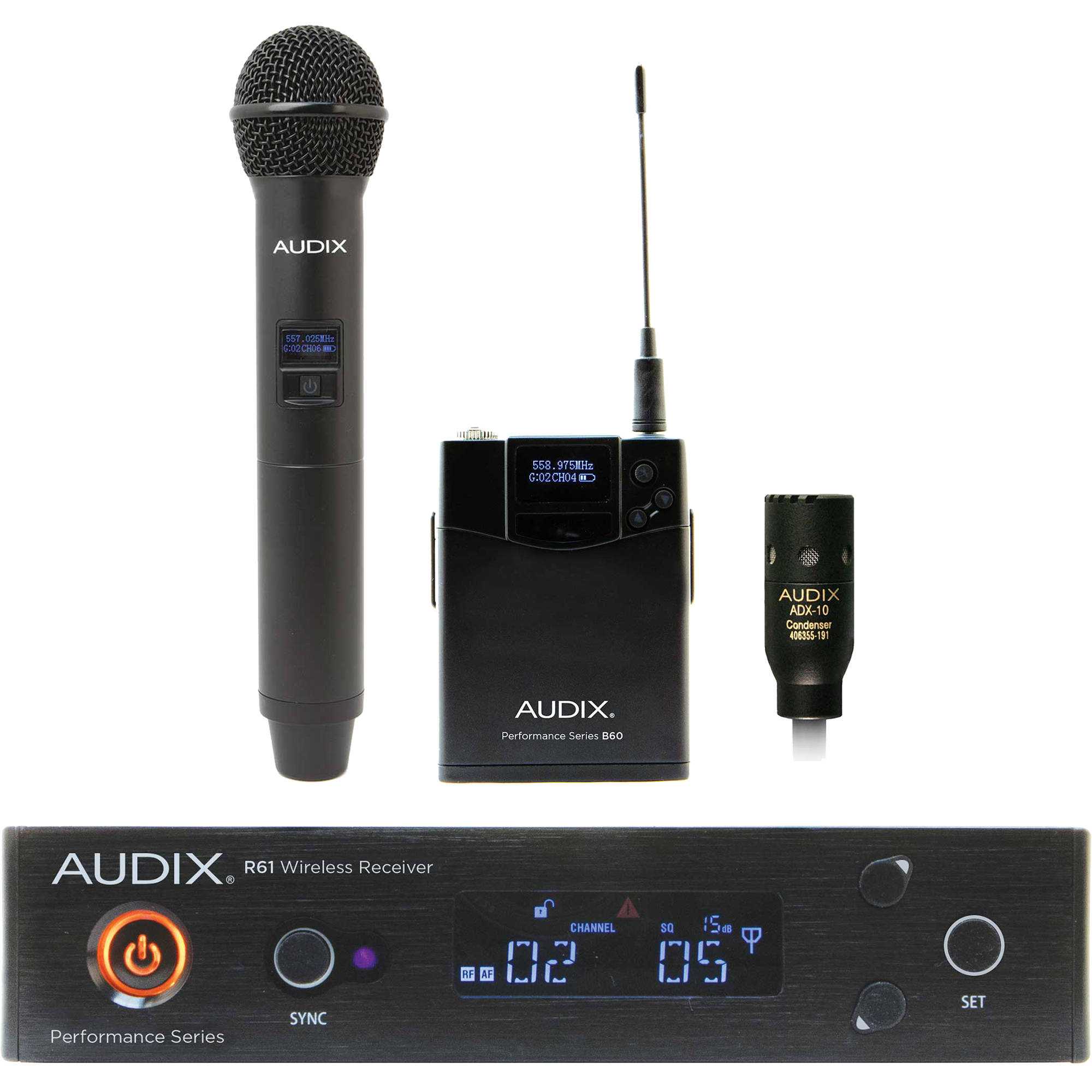 6c5d56cd78830b3c40c812363ee3806b.jpg Audix AP61 OM2 L10 Receptor de diversidad verdadera de un solo canal con transmisor de petaca B60, micrófono Lavalier ADX10 y transmisor de micrófono de mano H60 OM2 (522 a 586 MHz) - Imagen 1