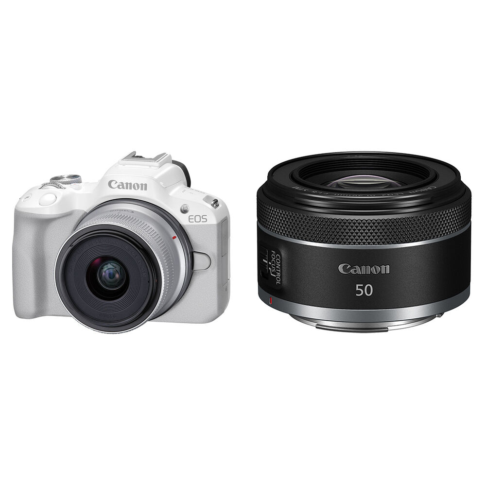 70b9d51f66645dd911cc1b287b262e65.jpg Canon EOS R50 Mirrorless Camera with 18-45mm and 50mm Lenses Kit (White) - Imagen 1