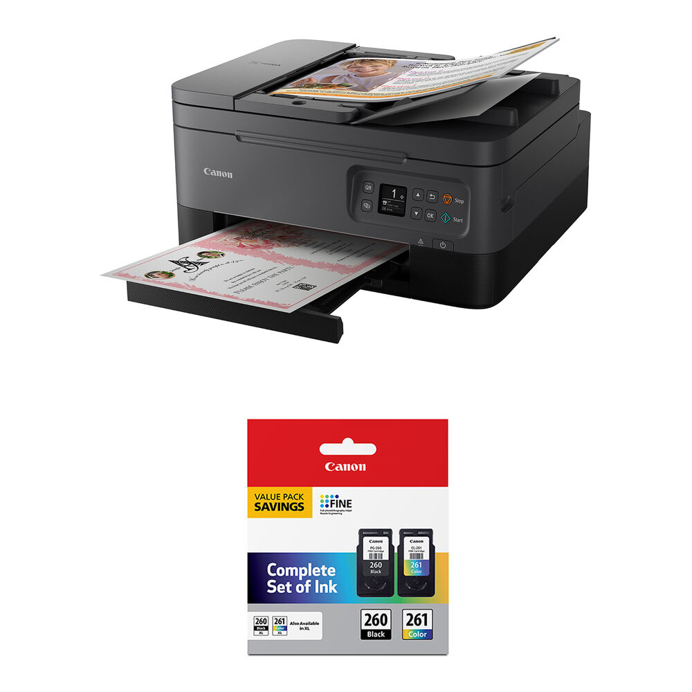 83300ebafe13dd895683311d3c7a3090.jpg Canon PIXMA TR7020a Wireless Inkjet All-In-One Color Printer with PG-260 Black/CL-261 Color Value Pack Kit (Black) - Imagen 1