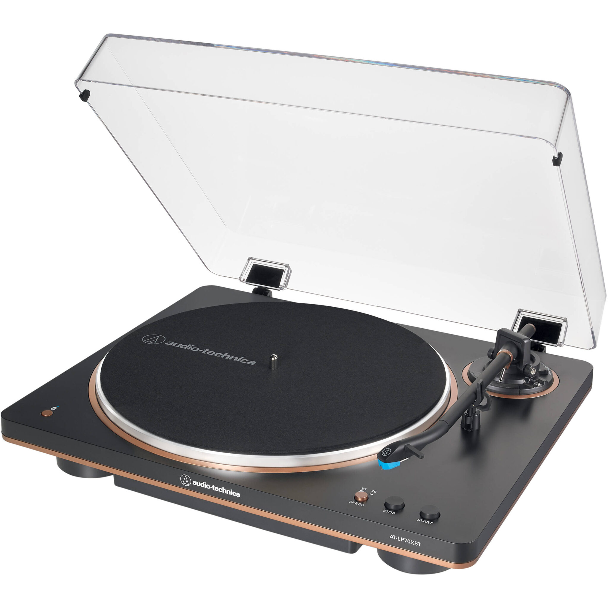 b220a07ae7b7f2196cdef14bc83d6542.jpg Audio-Technica AT-LP70XBT Tocadiscos de transmisión por correa totalmente automático con Bluetooth (negro y bronce) - Imagen 1