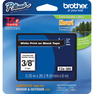 Cinta laminada Brother TZe325 para etiquetadoras P-Touch (blanco sobre negro, 0,38" x 26,2')