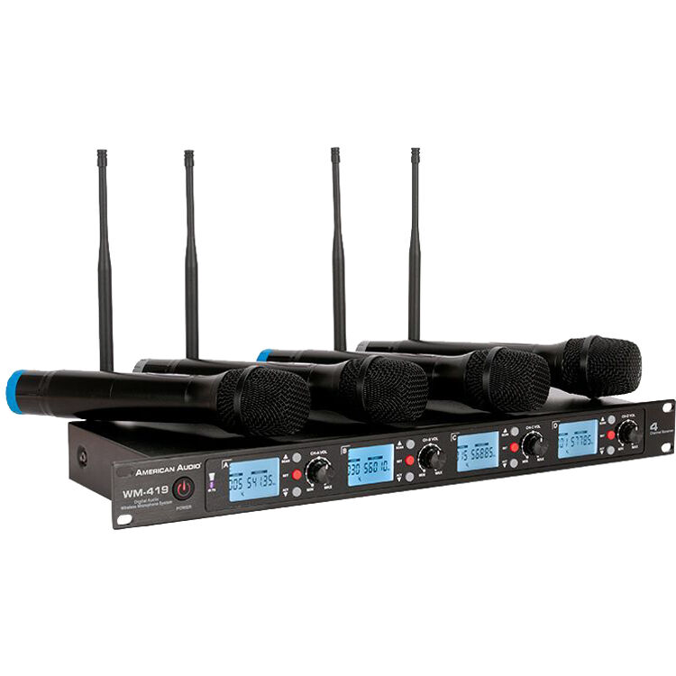 c3958a431f42dd3832d0e58d3239a1f0.jpg American DJ WM-419 Sistema de micrófono de mano inalámbrico UHF de cuatro canales (540 a 590 MHz) - Imagen 1