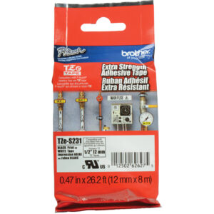 Cinta Brother TZeS231 con adhesivo extrafuerte para etiquetadoras P-Touch (negro sobre blanco, 1/2" x 26,2')