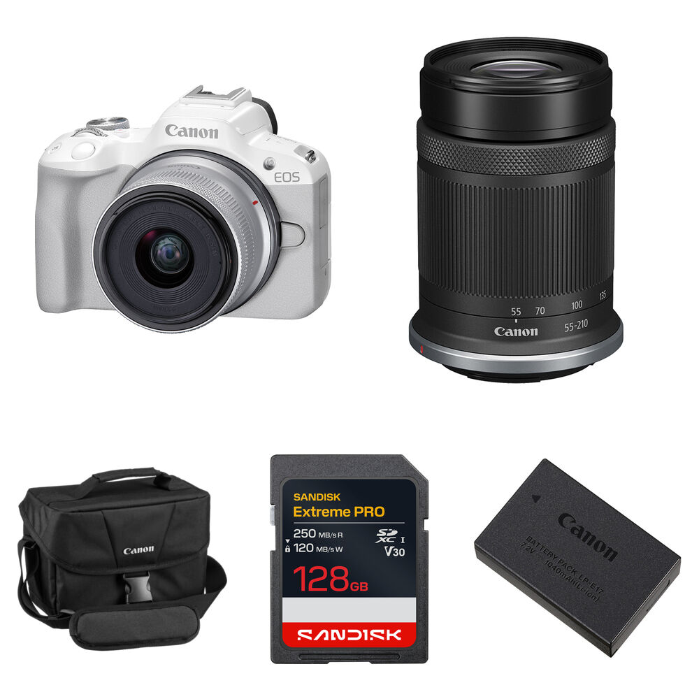 c4928697ef52407a3b4258b5799f3f36.jpg Canon EOS R50 Mirrorless Camera with 18-45mm & 55-210mm Lenses and Essentials+ Kit (White) - Imagen 1