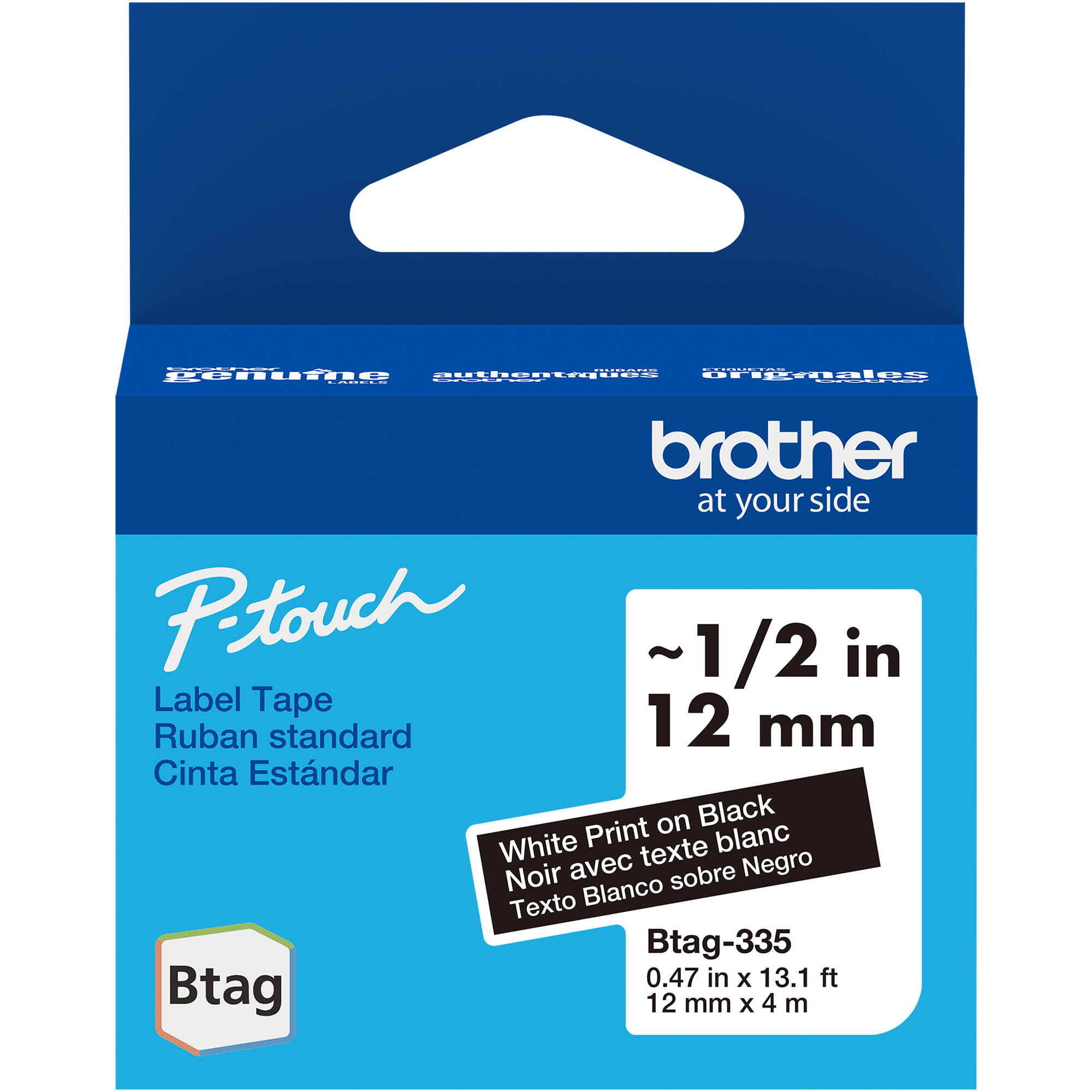 d345ba844de570cb4e28954a4d74d087.jpg Cinta de etiquetas Brother Btag para P-Touch PT-N10, PT-N20 y PT-N25BT (blanco sobre negro, 0,5" x 13,1') - Imagen 1