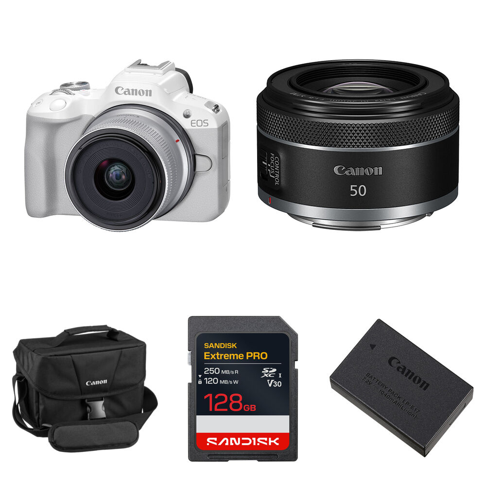 d4ea719f625eaed23ee94bce04efd943.jpg Canon EOS R50 Mirrorless Camera with 18-45mm & 50mm f/1.8 Lenses and Essentials+ Kit (White) - Imagen 1