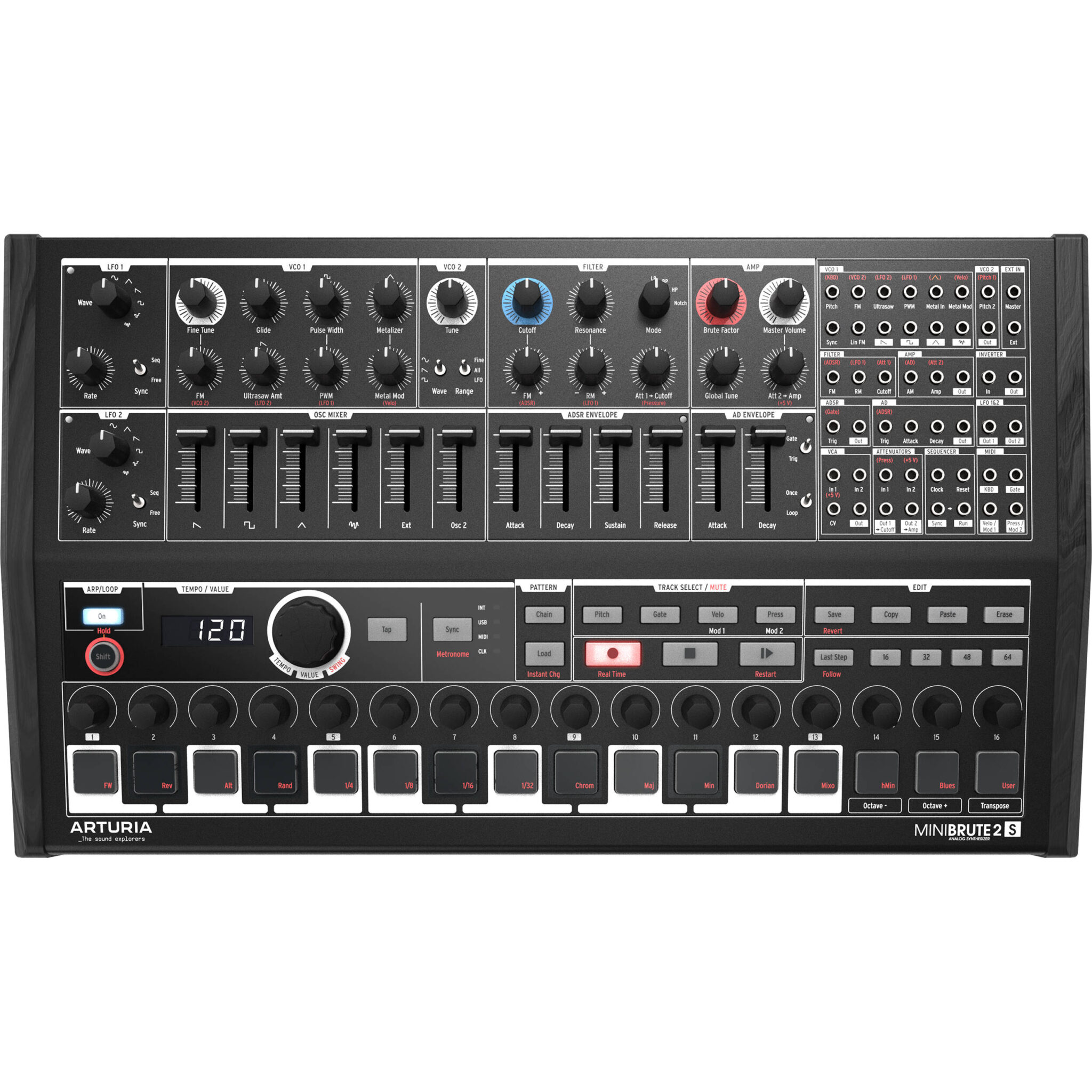 f83256ceb9db0dc9ced396e06698cce5.jpg Arturia MiniBrute 2S Special Edition Noir Sintetizador/secuenciador analógico semimodular (negro) - Imagen 1