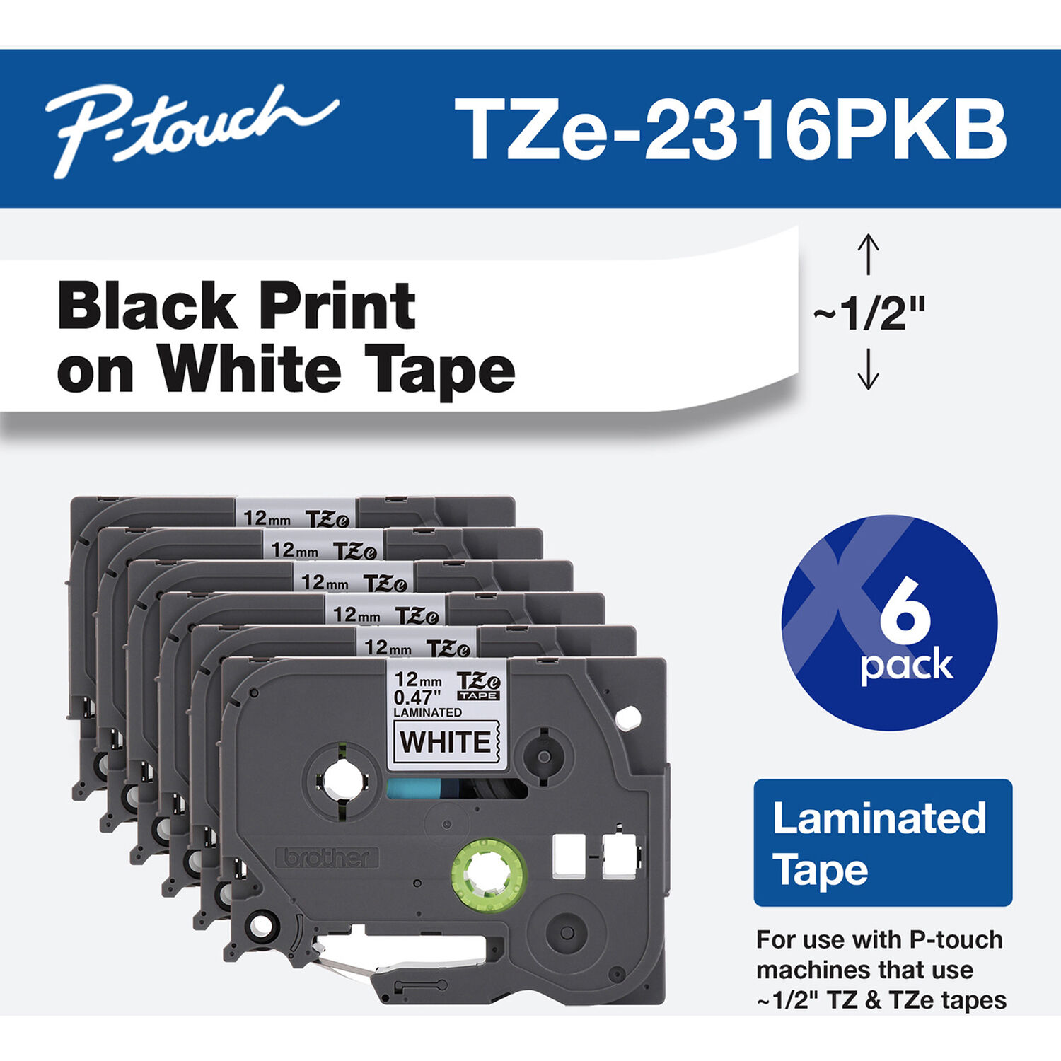 f944ad9d95da23265089702ffe254e88.jpg Brother TZe231 Cinta laminada para etiquetadoras P-Touch (negro sobre blanco, 0.5" x 26.2', paquete de 6) - Imagen 1