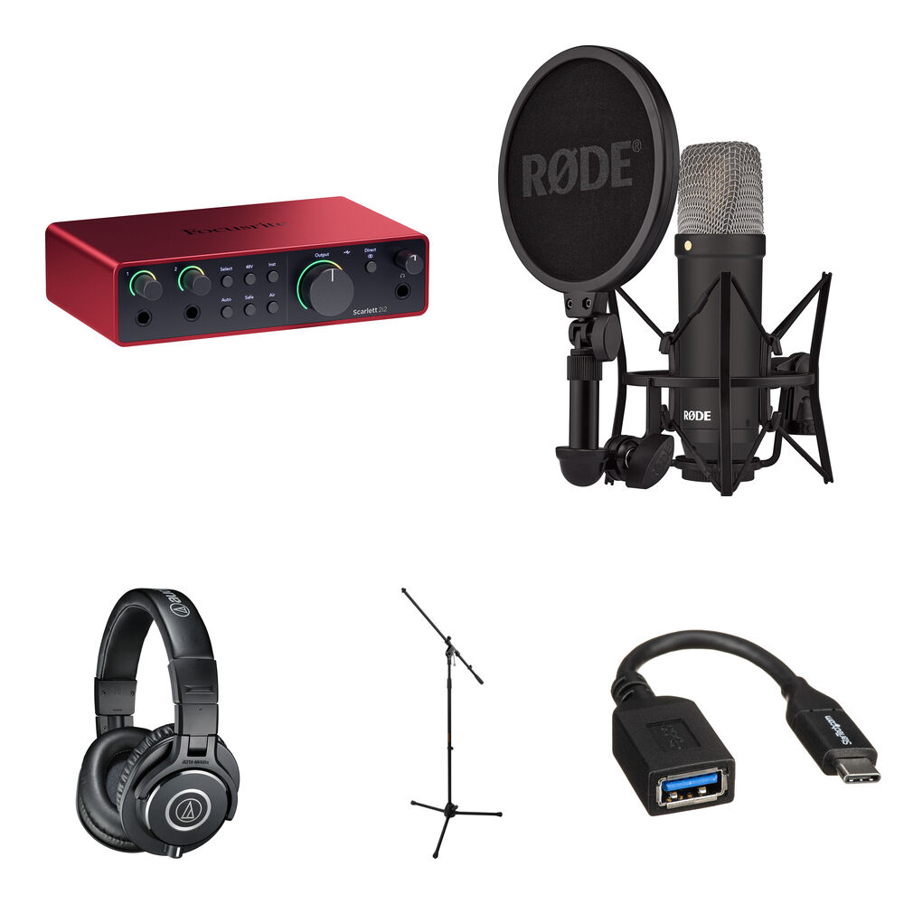 fbc379c3e51d4afccd11c644c77154b7.jpg Kit de interfaz de audio Focusrite Scarlett 2i2 USB-C (4.ª generación) con micrófono Rode NT1 Signature Series y accesorios - Imagen 1
